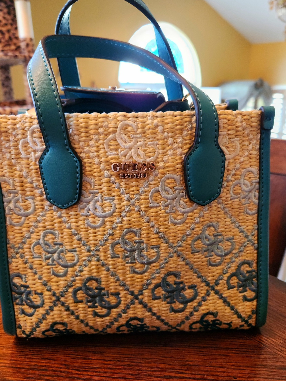 GUESS Silvana Ragfia Mini Tote Teal Trim Monogram Logo
